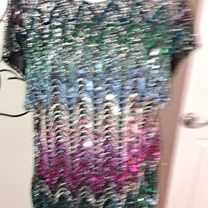 Sequined top with pinks, greens and silver sequins against black sparkle. No tag